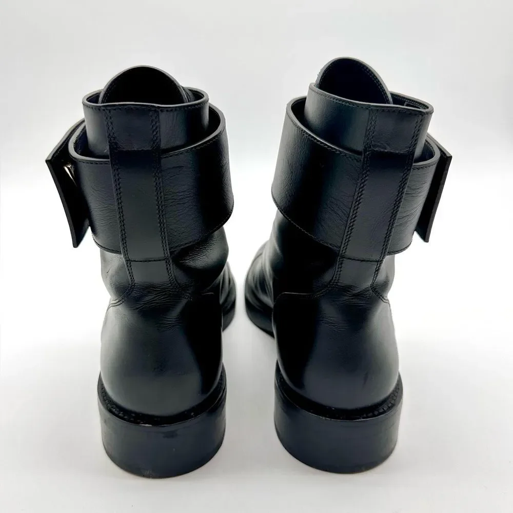 Louis Vuitton Wonderland Ranger Combat Moto Boots Black Leather LV Logo EU 38.5